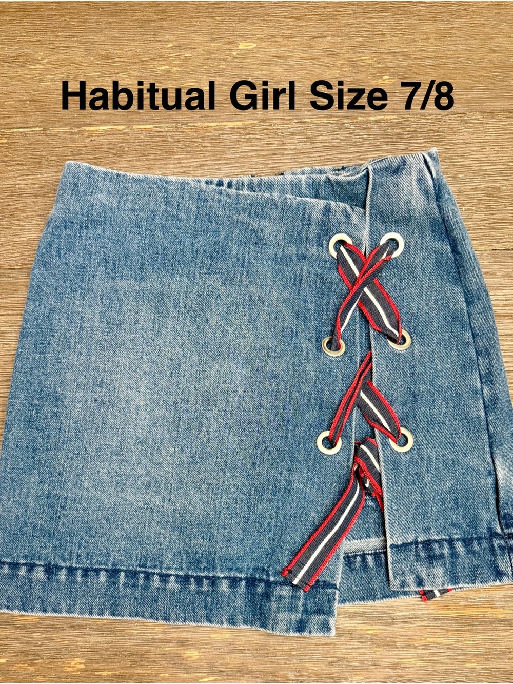 Habitual Blue Denim Mini Skirt with Red Lace-Up Detail
